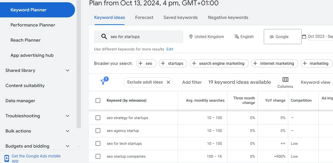 screenshot of google keyword planner demonstrates how startups can research keywords before investing in tools.