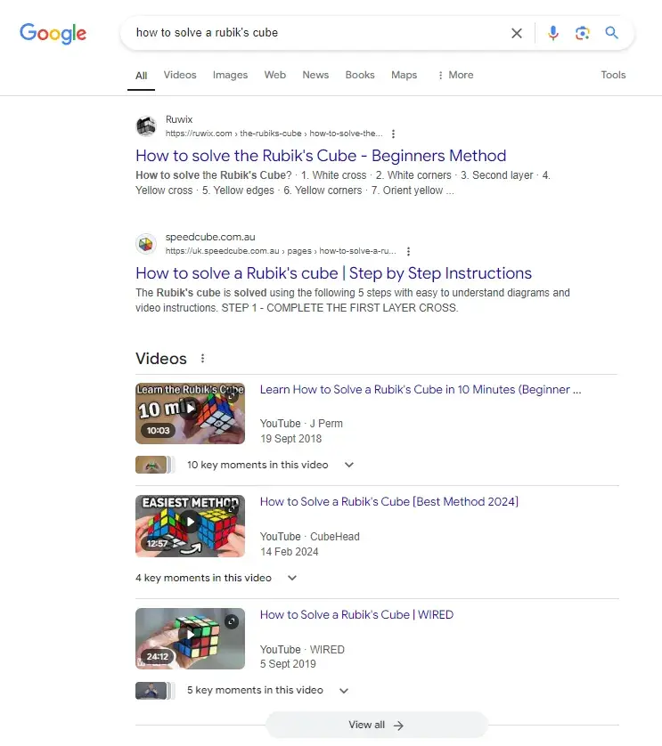 screenshot of google search demonstrates how startups implementing an seo strategy should check search intent for the types of content they should create. in the video, it’s clear google prioritizes video.