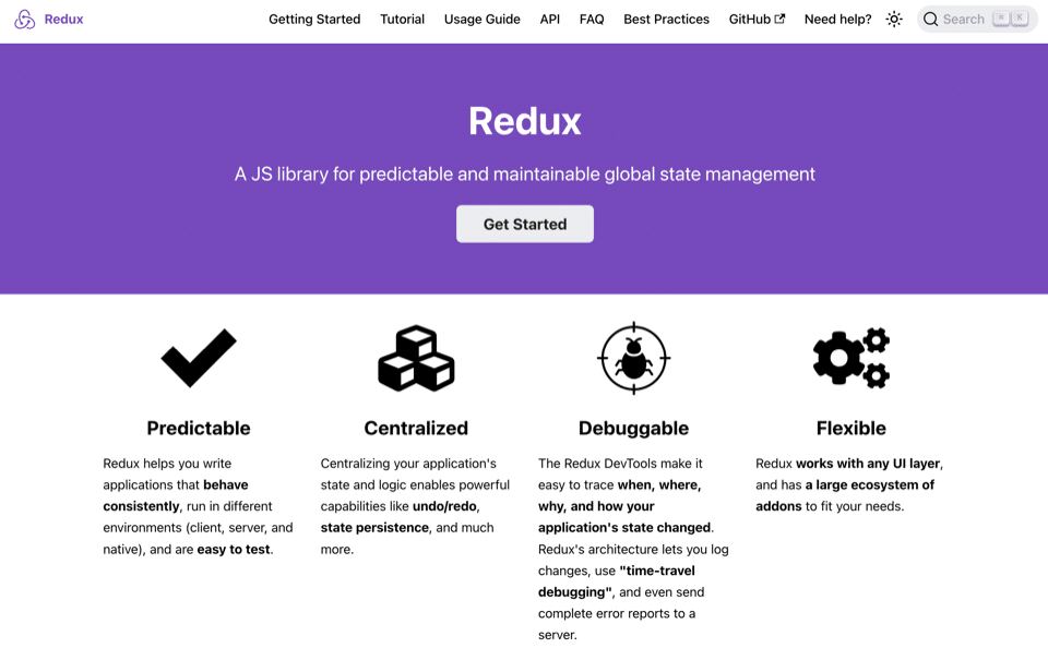 The Redux homepage, featuring a purple header section containing the Redux logo and title, along with a tagline and a Get Started button. Below this are four key feature sections with icons. Each section includes descriptive text explaining Redux's capabilities for application state management, debugging tools, and ecosystem compatibility. The top navigation bar contains links to various other pages on the site and search functionality.