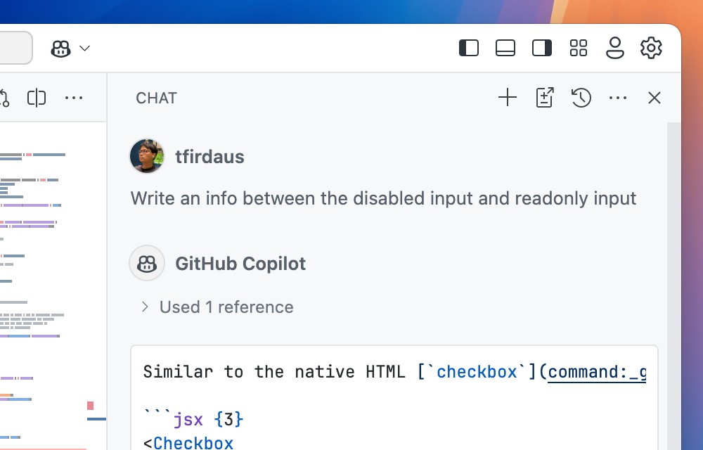 GitHub Copilot's chat assistant explaining code snippets in Visual Studio Code