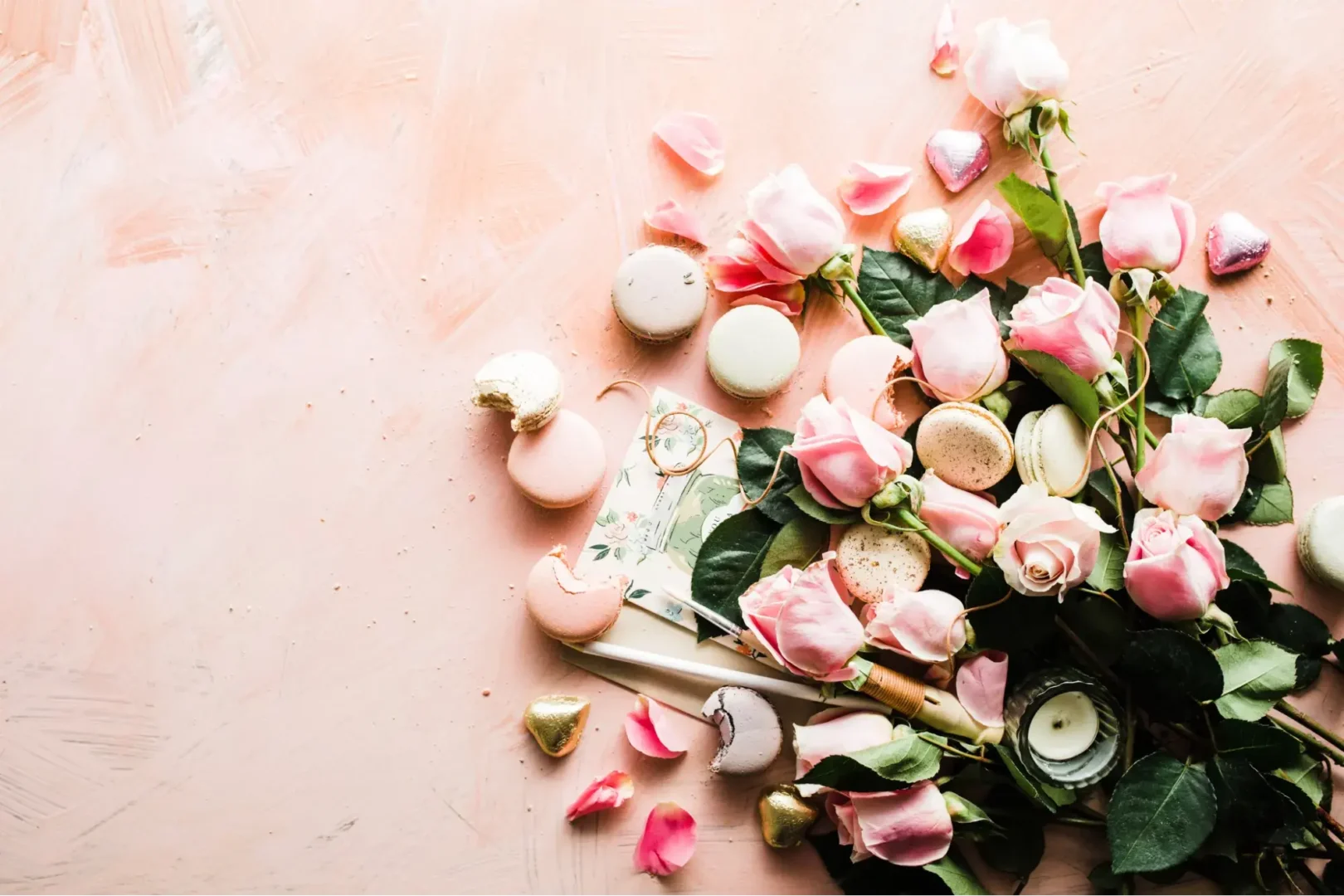 cookies and flowers background for meetinghttps://unsplash.com/photos/flat-lay-photography-of-macaroons-and-pink-rose-flowers-pxesx3krunc