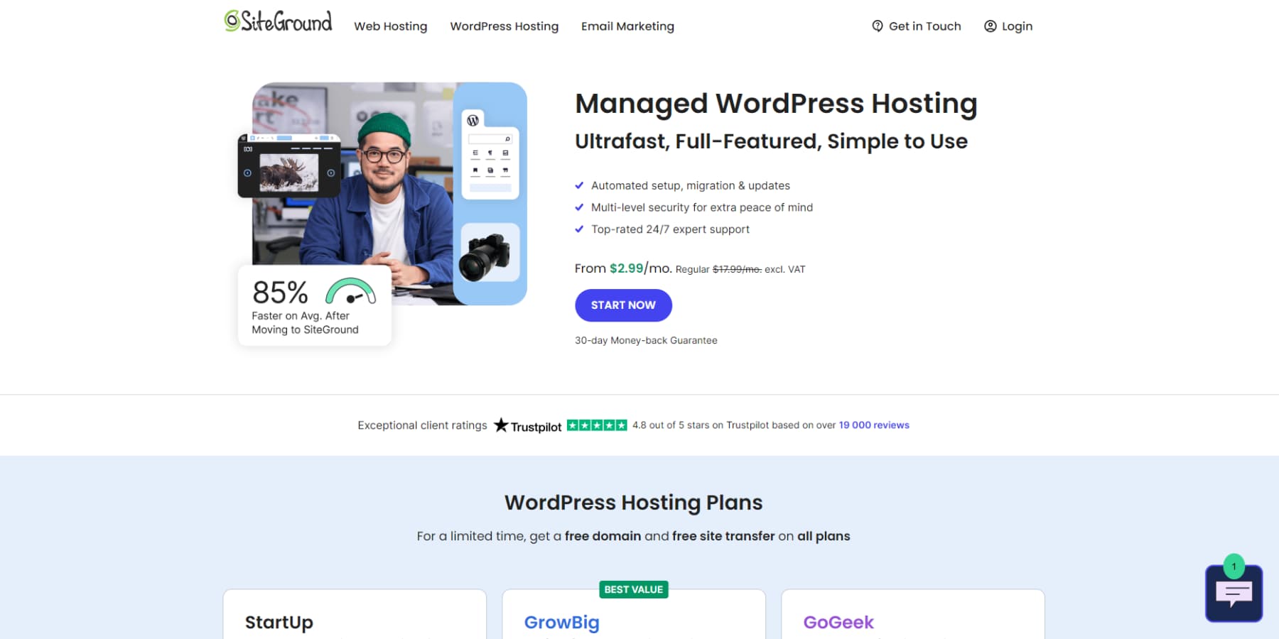 A screenshot of Siteground WordPress hosting's home page