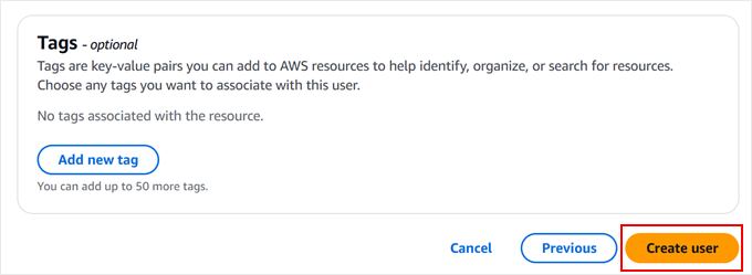 Saving changes to the new Amazon S3 user