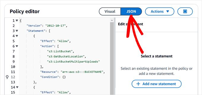 Pasting JSON permission code in Amazon S3