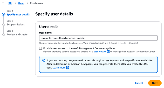 Specify AWS User Details