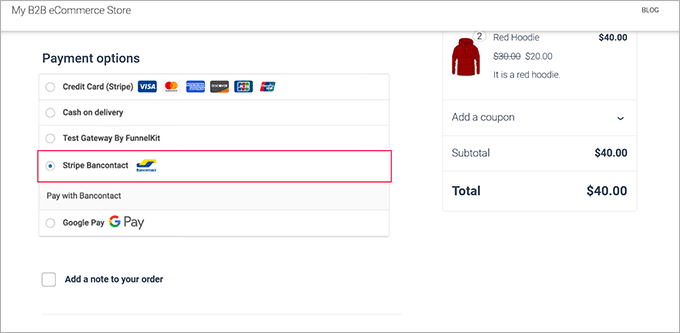 Bancontact payment option preview in WooCommerce