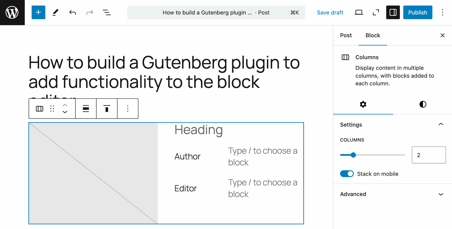 A Columns block with an image, a heading, and two rows