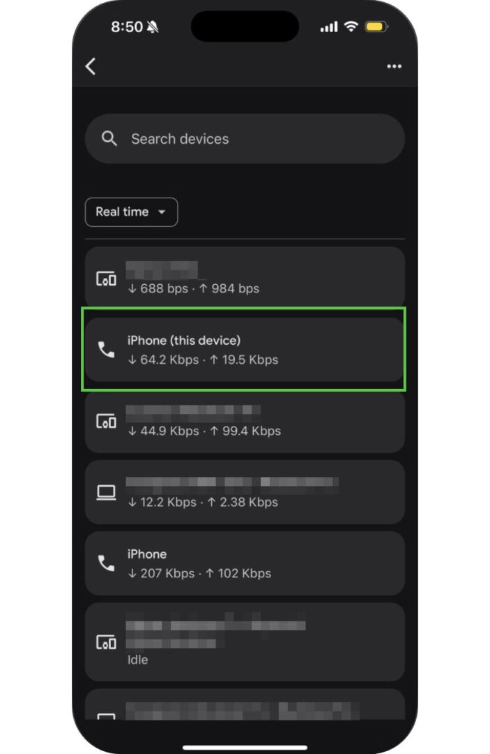 Check network activity on connected devices for uploads or downloads