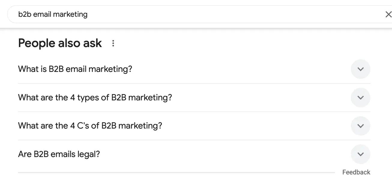 screencap of google’s people also ask section for the search term “b2b newsletter marketing.”