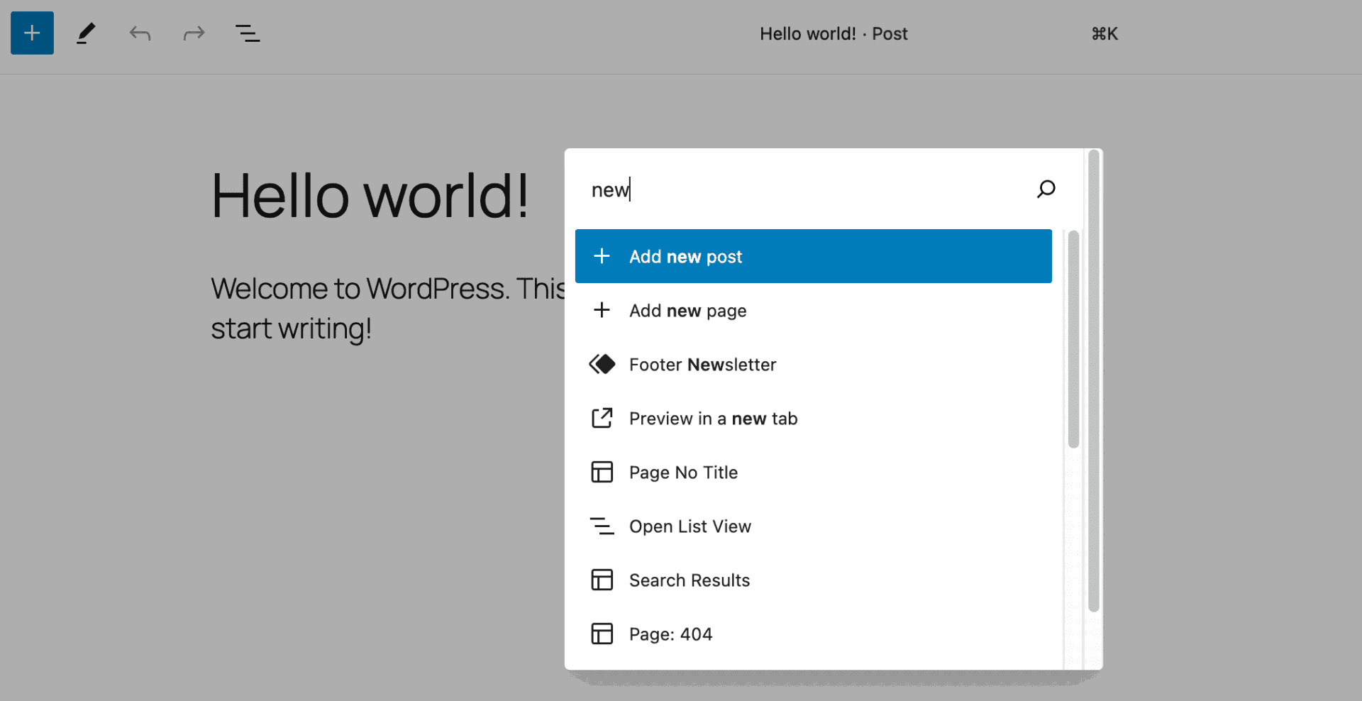 Screenshot of the WordPress Command Palette showing the entries for creating posts and pages.