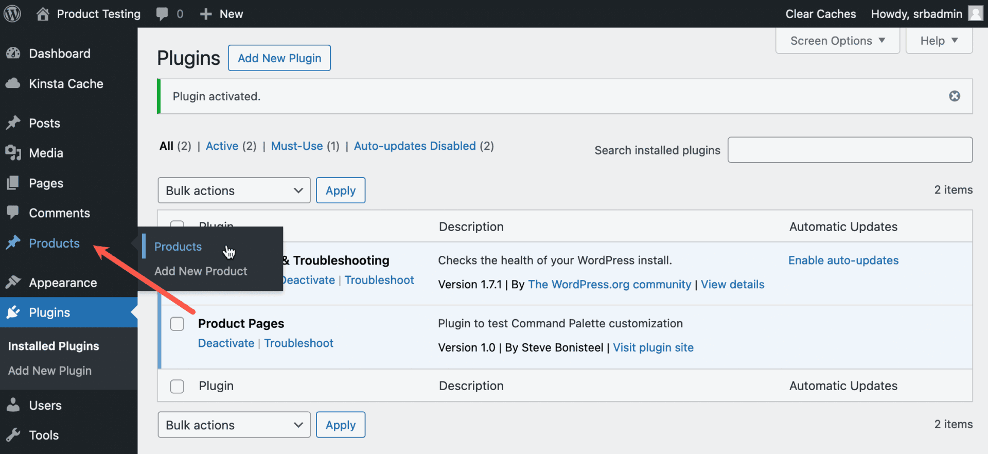 A screenshot of the WordPress Plugins page and an arrow pointing to the entry for a custom Products content type in the Admin menu.