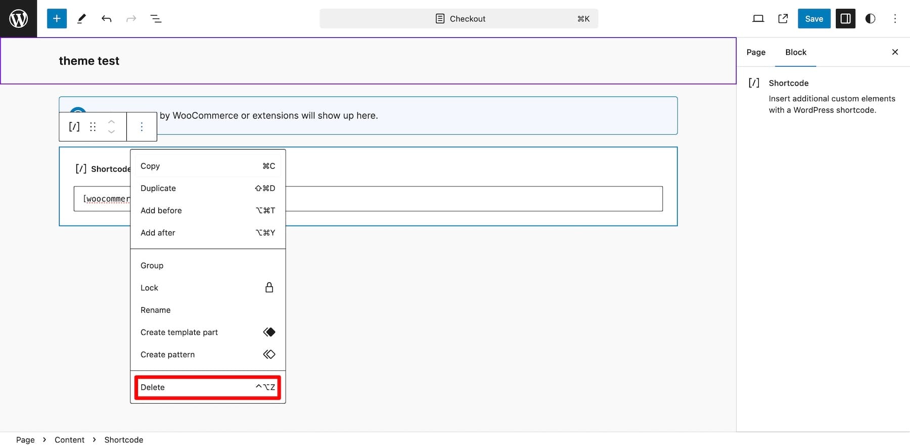 delete woocommerce checkout shortcode