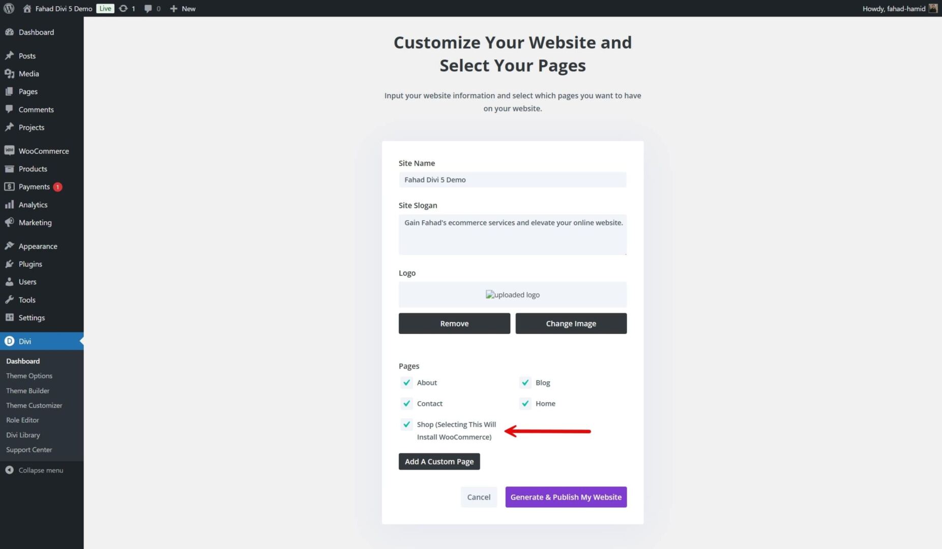 divi quick sites woocommerce option