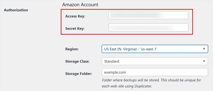 Pasting Amazon S3 access keys in Duplicator