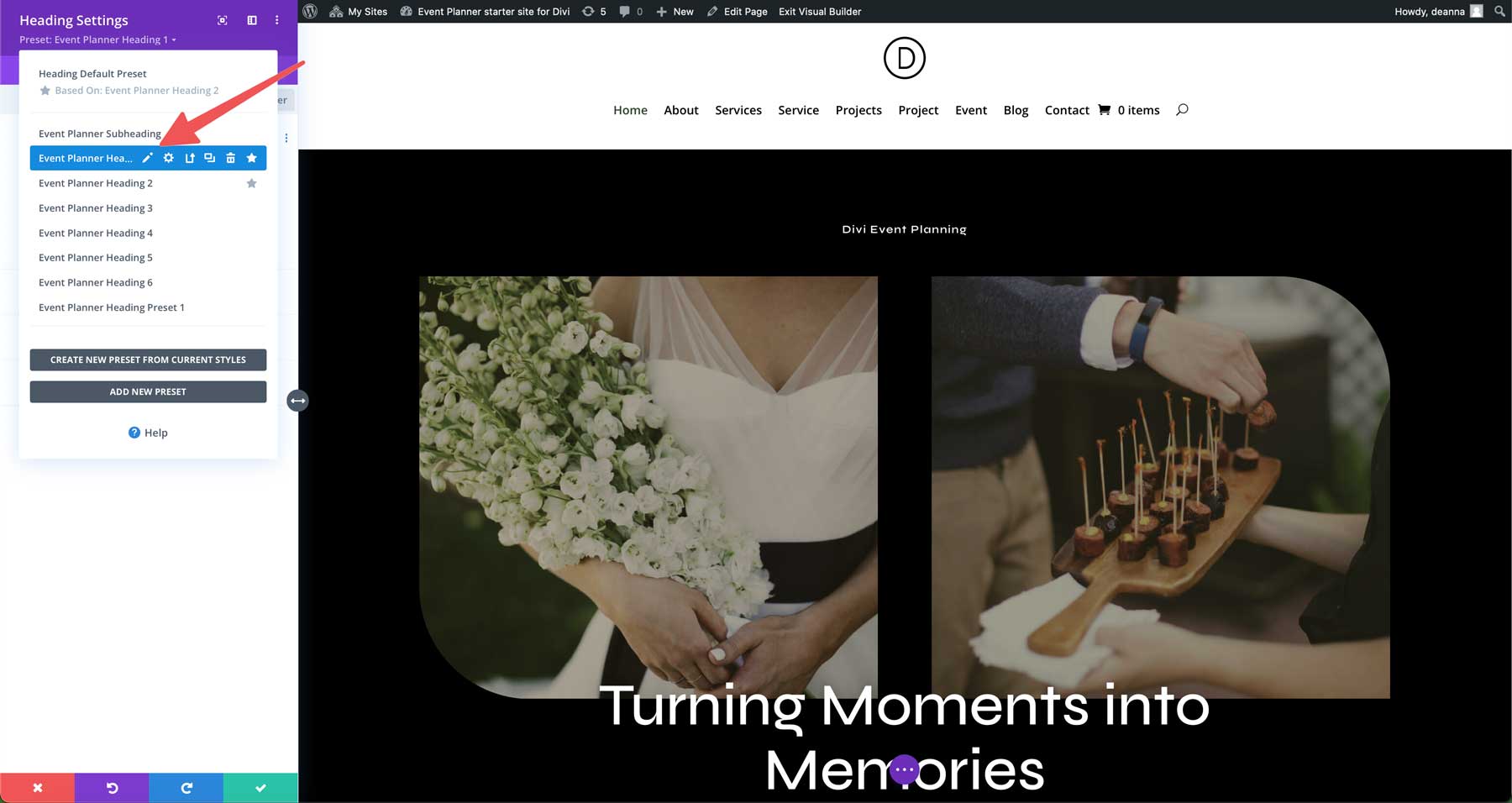 Event planner starter site for Divi