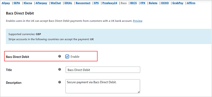 Enable the Bacs direct debit option