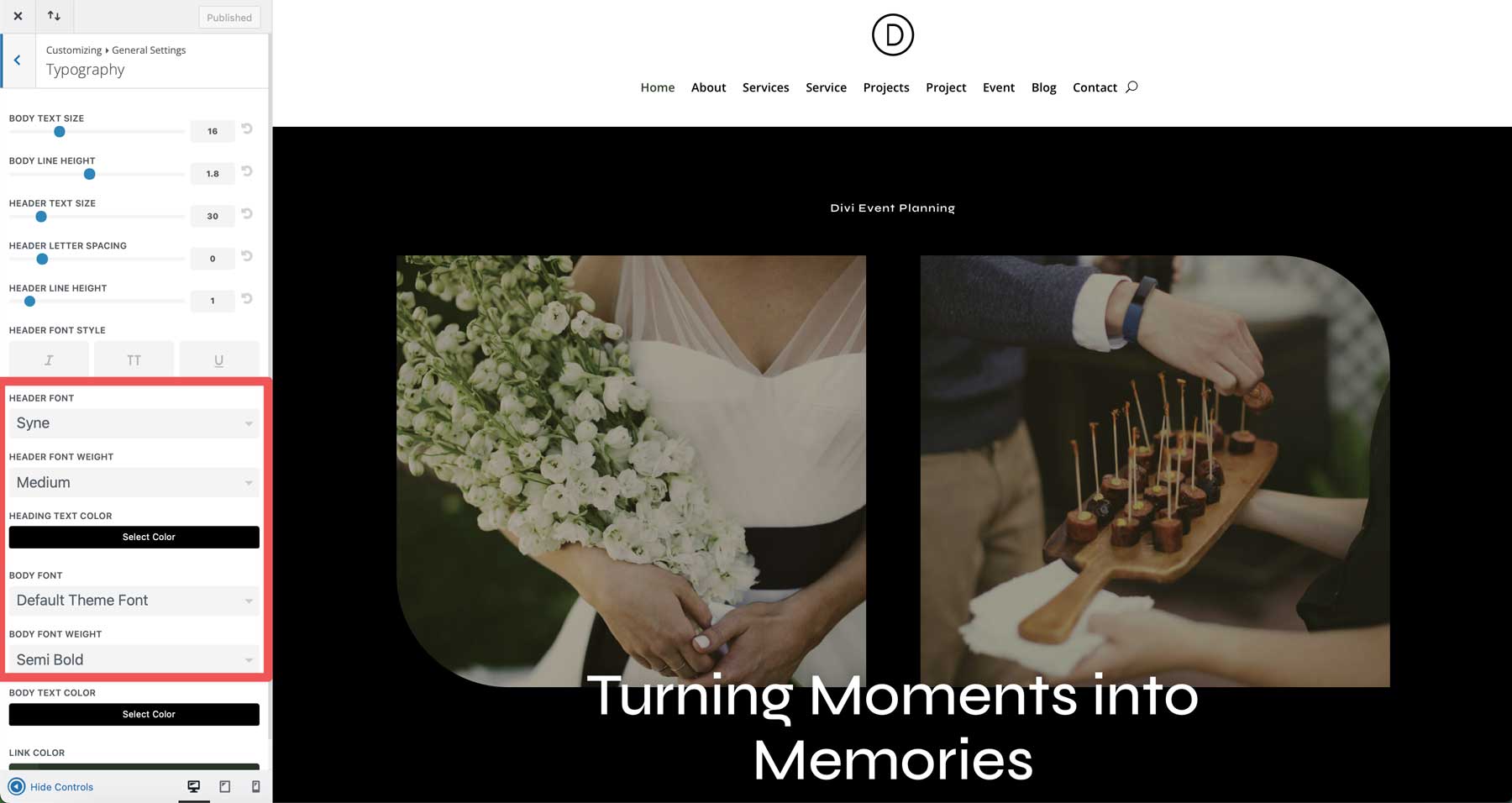 Event planner starter site for Divi