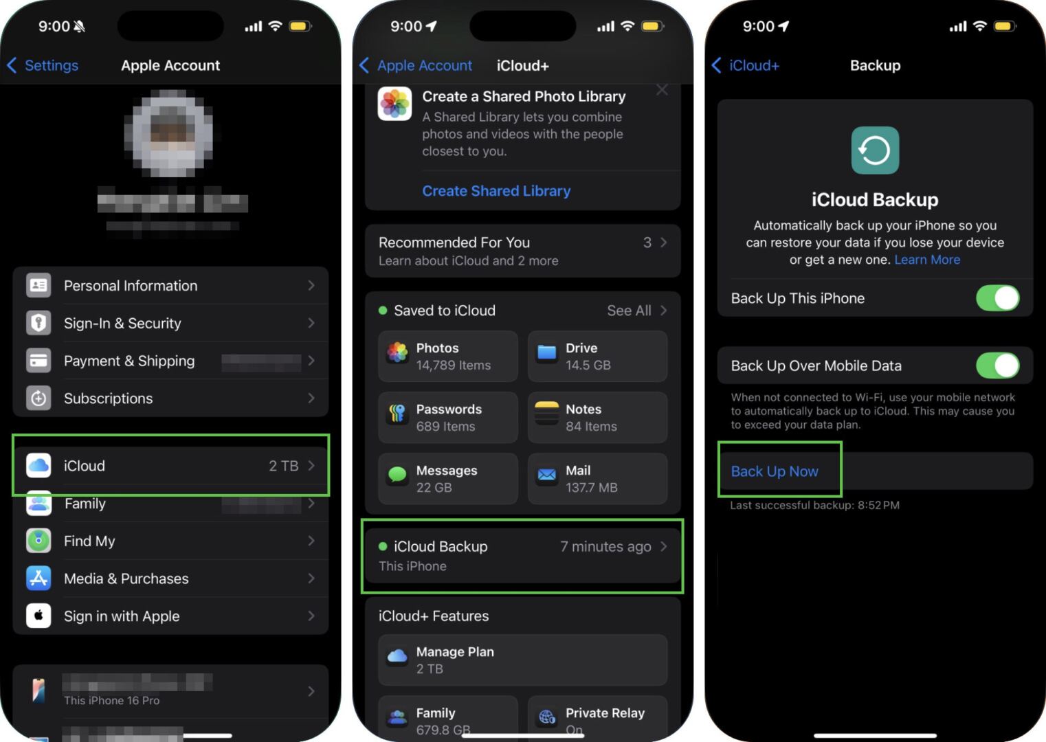 iCloud backup settings screen on iPhone