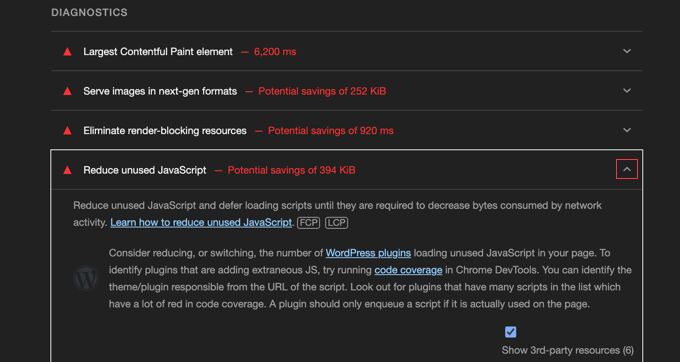 Google Lighthouse Performance Report Diagnostics