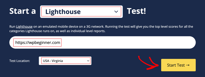 Accessing Lighthouse Using the WebPageTest Website