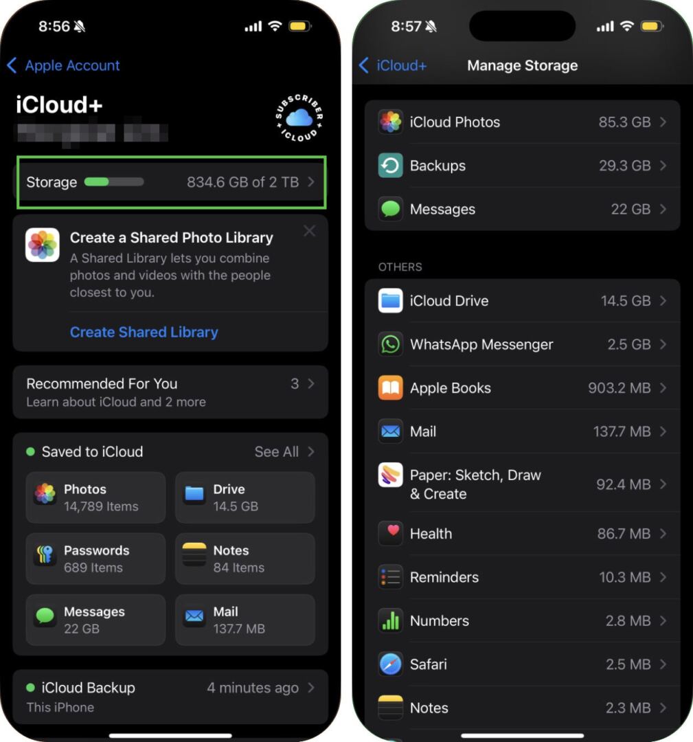 iCloud storage management screen displaying usage breakdown