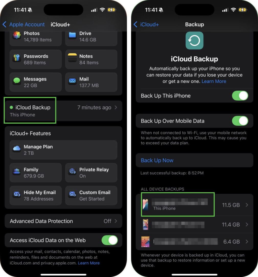 Select device for iCloud backup in storage settings