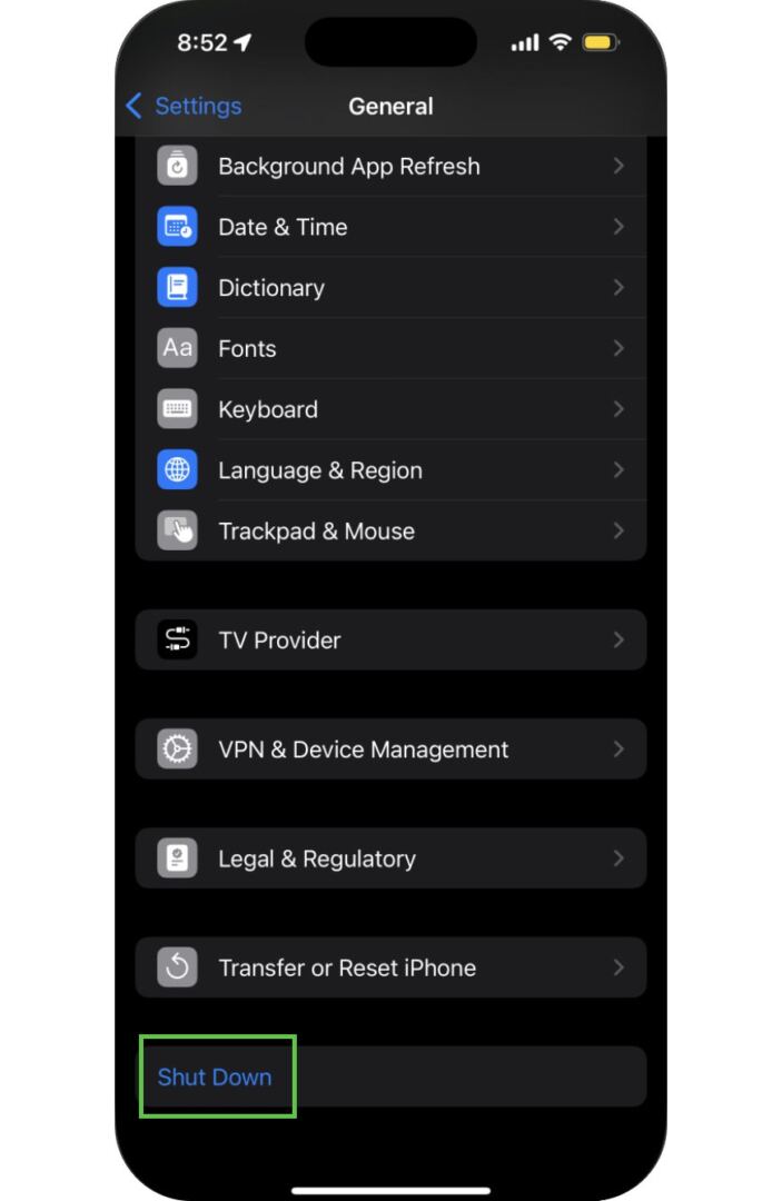 iPhone shutdown option in settings menu