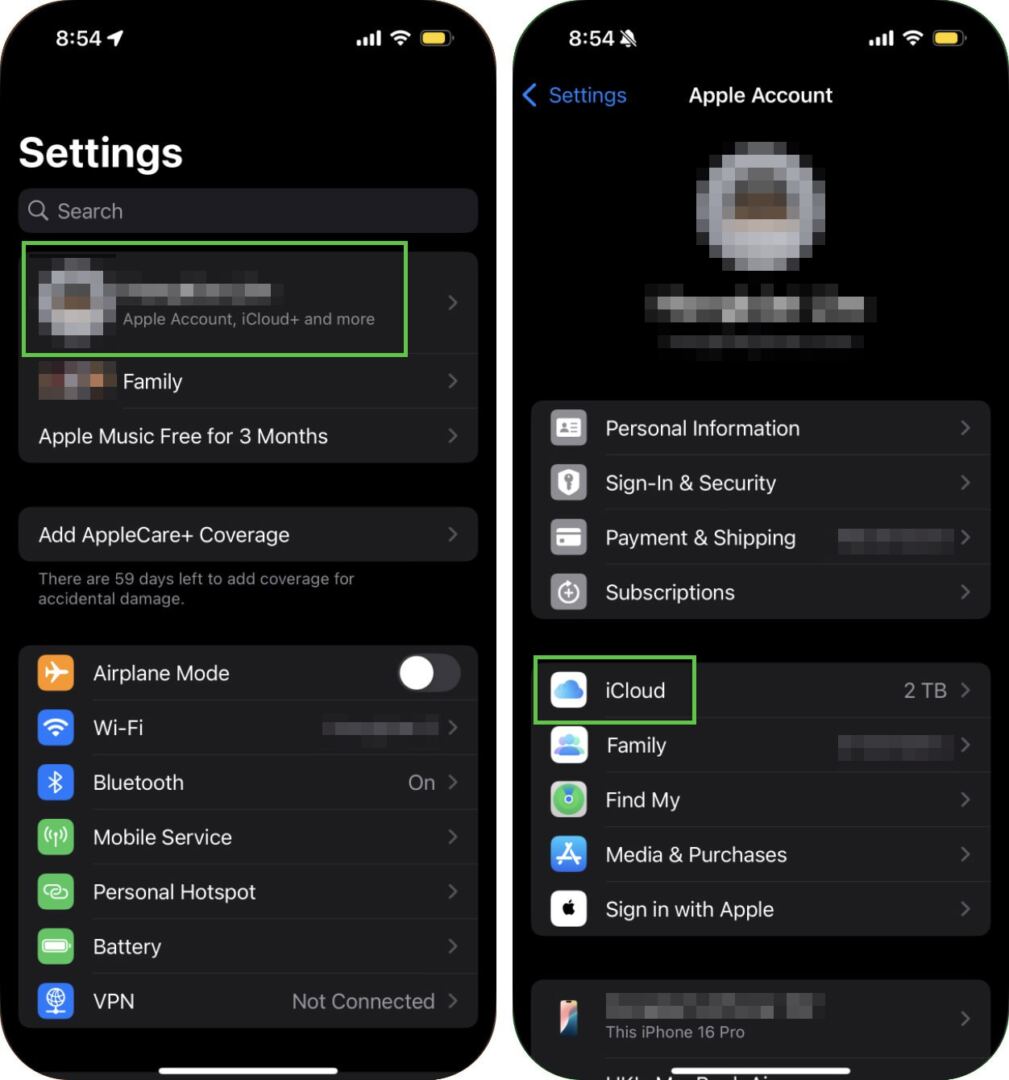 iCloud settings screen on iPhone