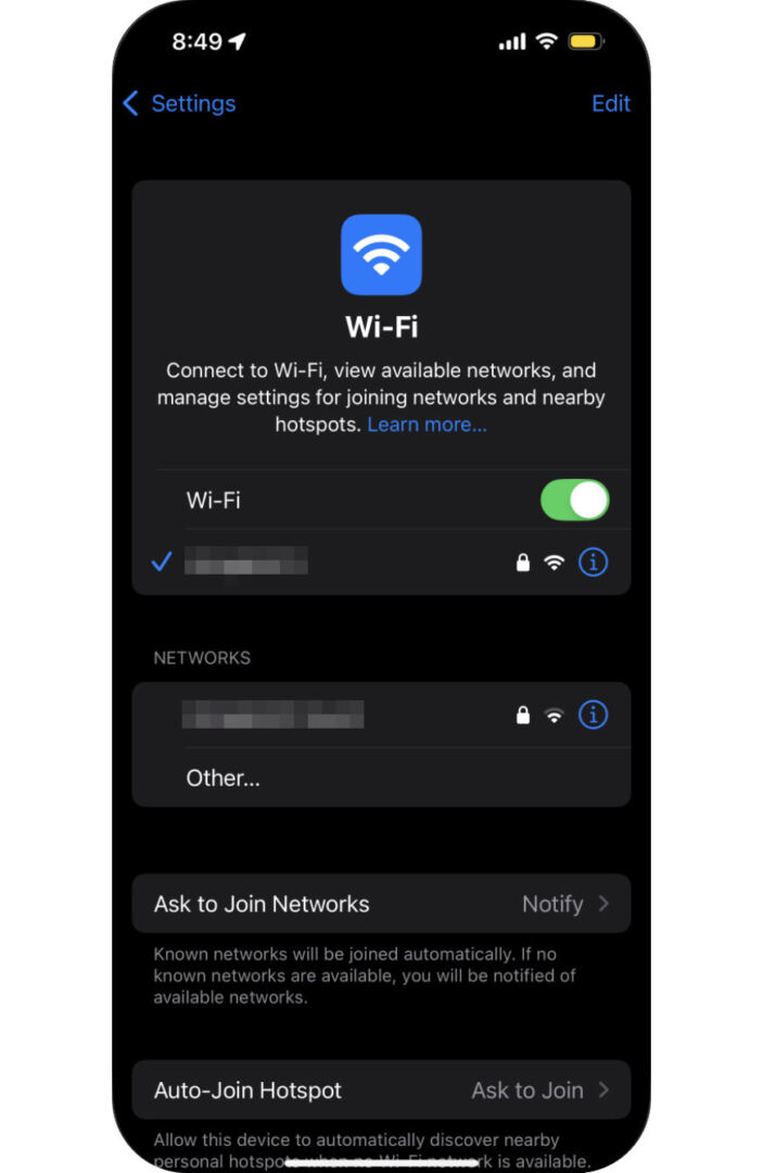Wi-Fi settings screen on iPhone