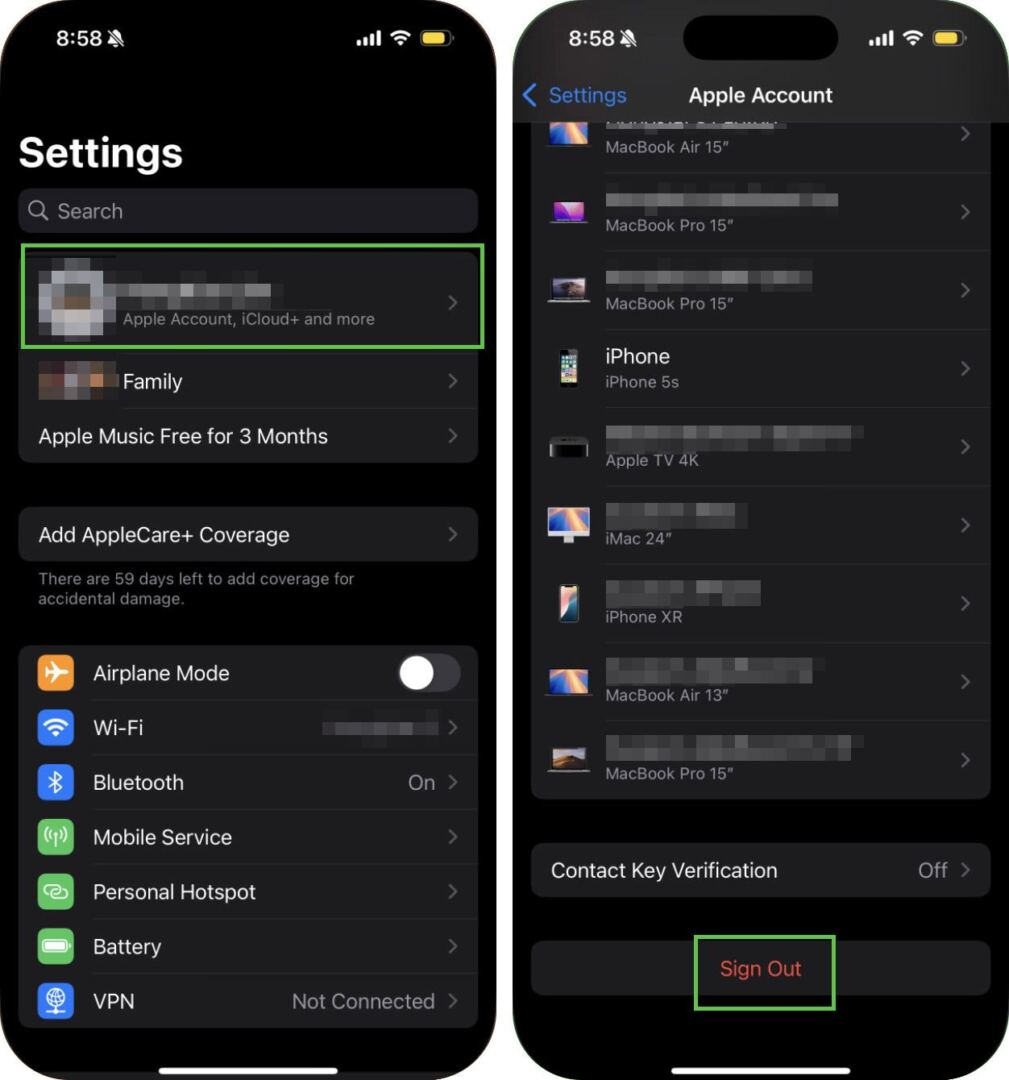 Sign out option in iCloud settings on iPhone