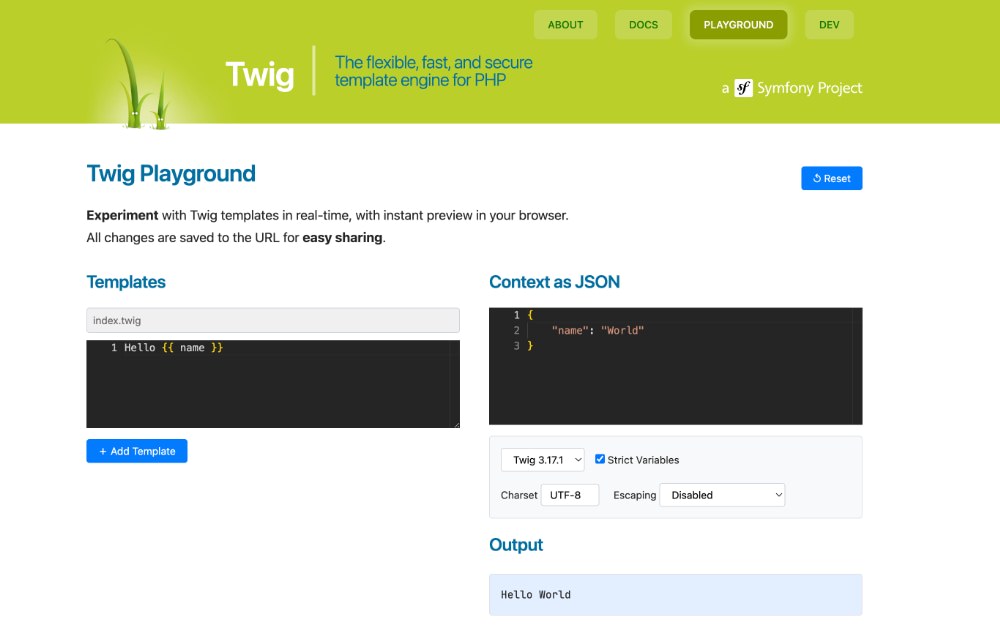 Symfony Twig Play online template testing tool