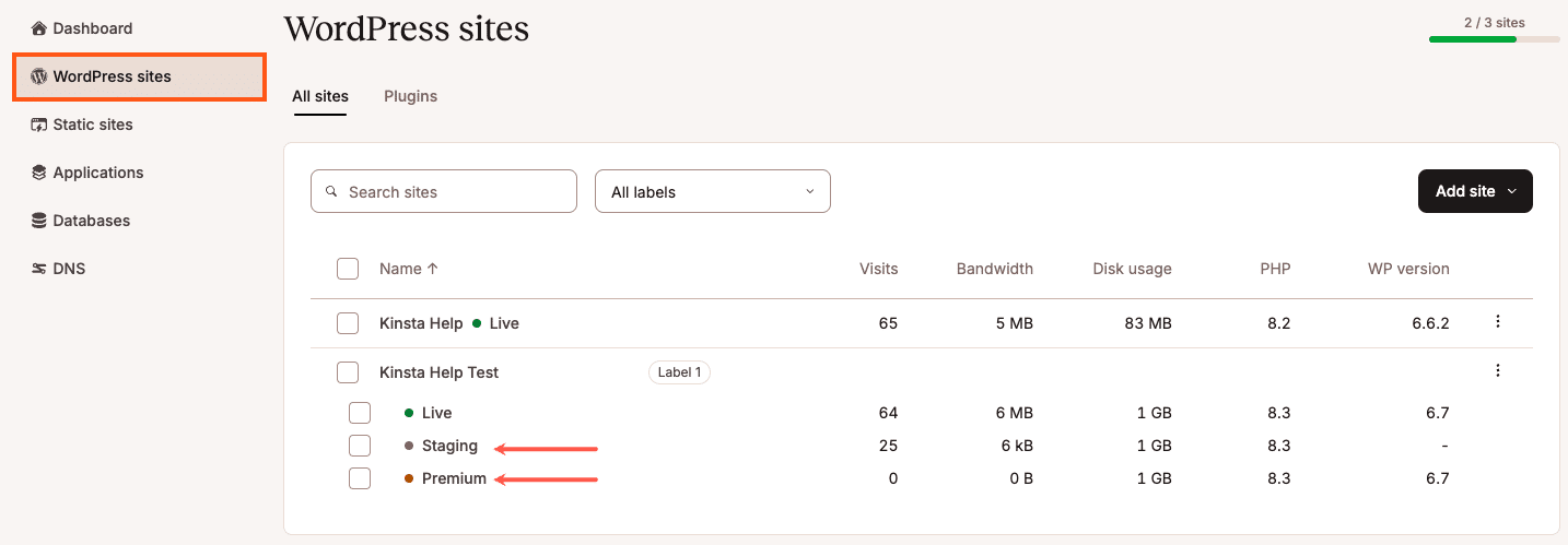 Select a WordPress staging environment in MyKinsta.