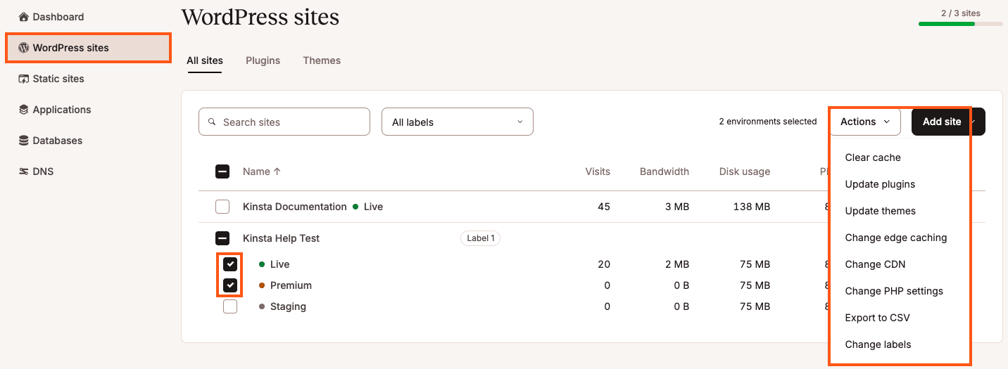 Perform bulk actions for your WordPress environments from WordPress Sites.