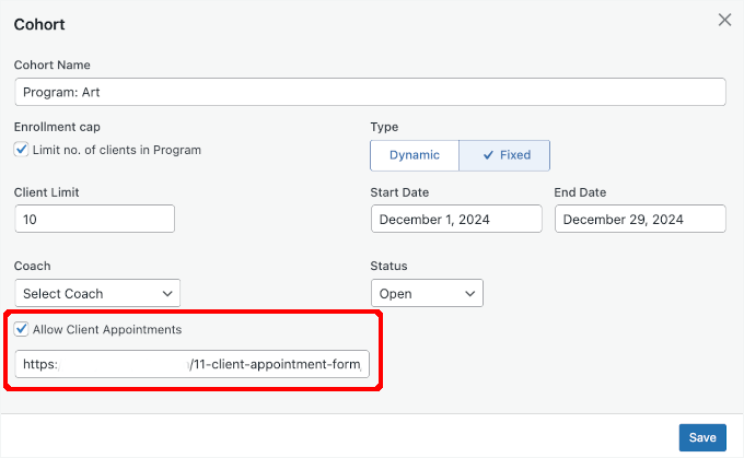 Allowing client appointment booking