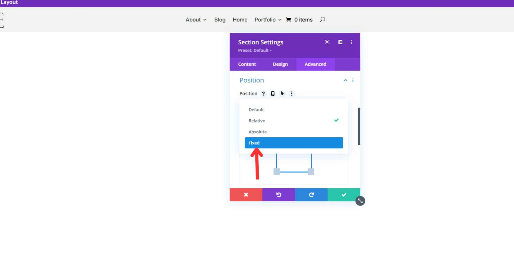 A screenshot of how to add fixed position to your menu in Divi