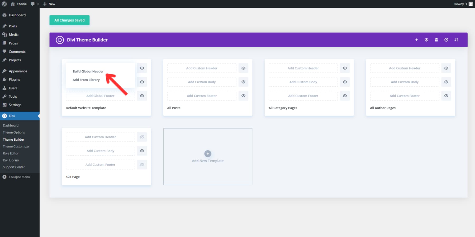 A screenshot of where to find global header option in Divi's theme builder