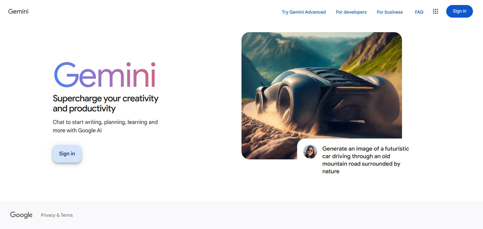 Log in page for Google's Gemini AI chat and voice assistant