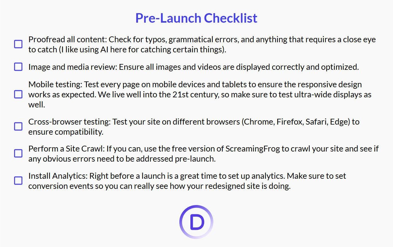 Redesign WordPress Site Pre-launch Checklist