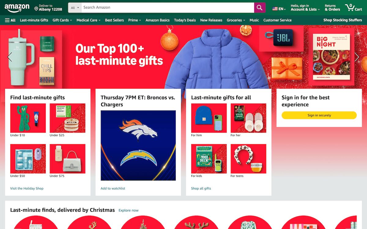 Amazon's holiday shopping interface with a bright red background featuring a Top 100+ last-minute gifts promotion. Among the layout of multiple shopping categories is a central panel promoting an NFL game between the Broncos and Chargers with team logos.