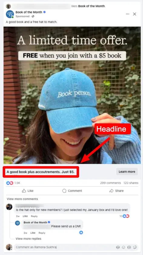 screenshot pointing out where the “headline” is in the anatomy of a facebook ad