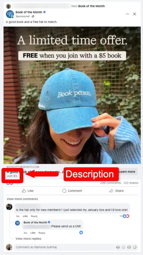 screenshot pointing out where the “description” is in the anatomy of a facebook ad