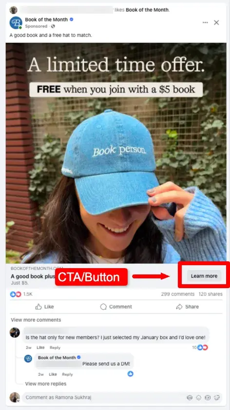 screenshot pointing out where the “call-to-action” is in the anatomy of a facebook ad