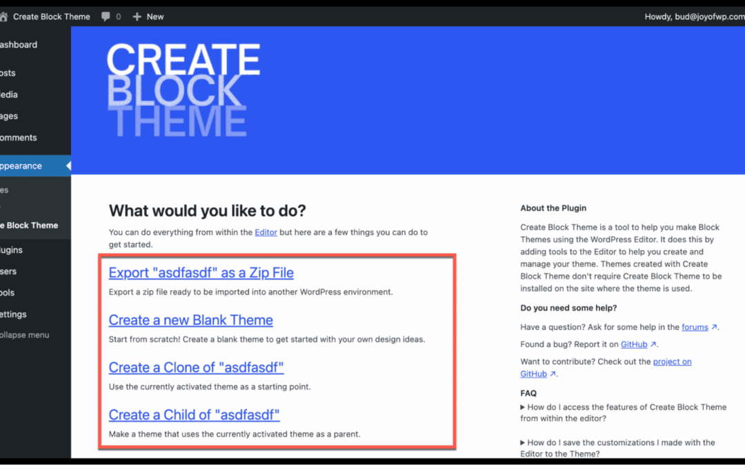 Construction a block theme the use of the Create Block Theme plugin