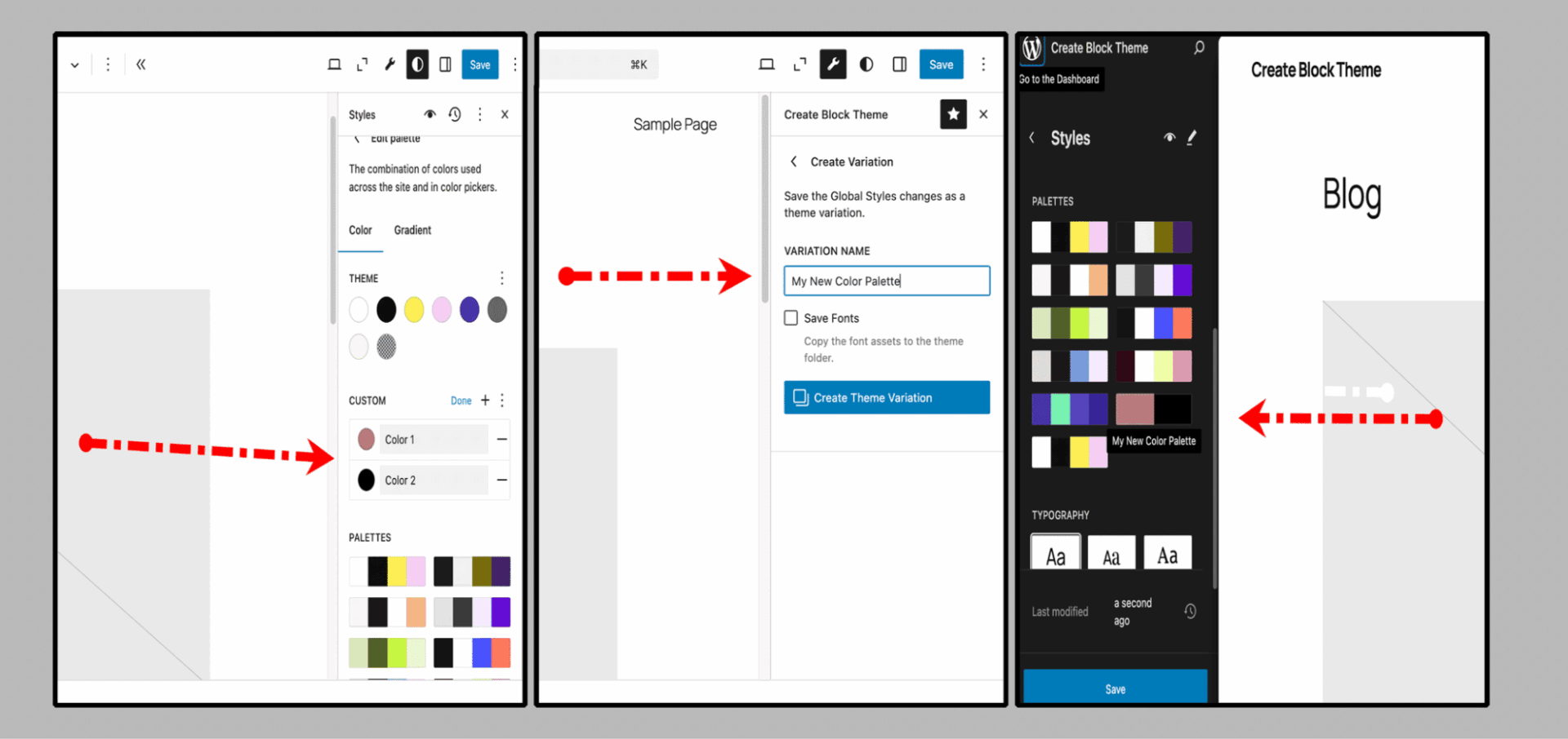 The creation, saving, and confirmation of a new custom color palette with two colors