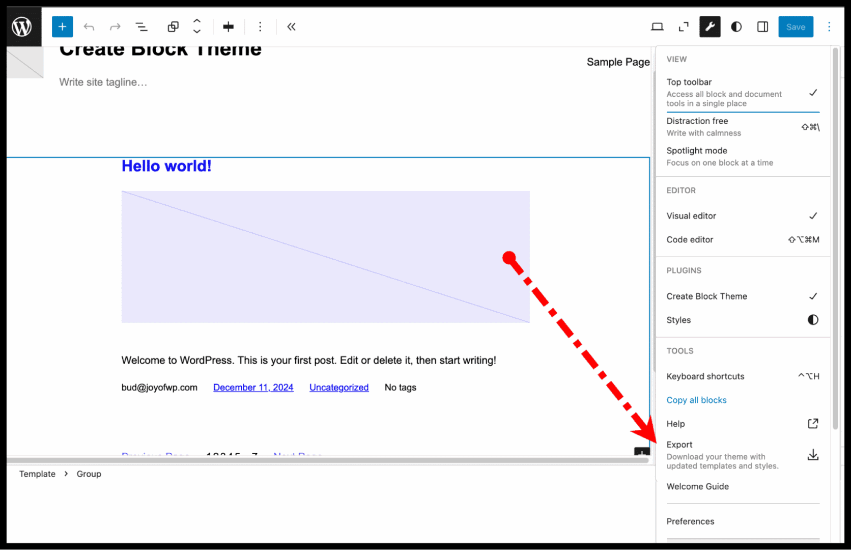 Providing a name and metadata for a blank theme