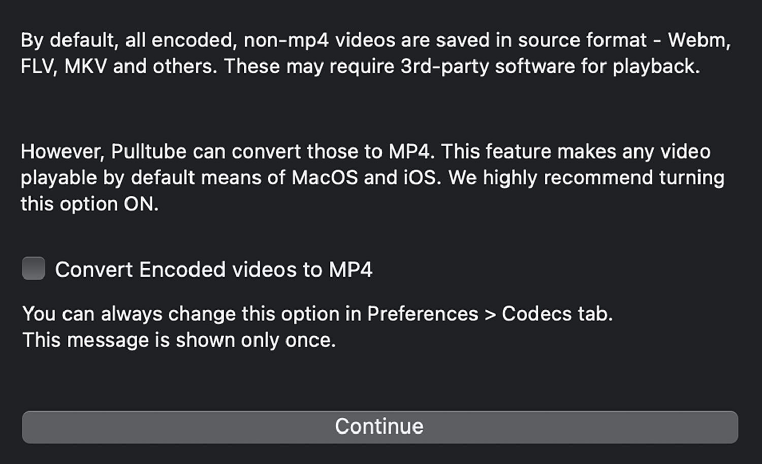 PullTube MP4 conversion settings