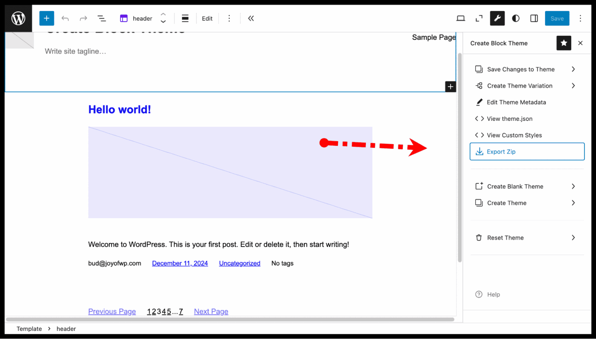 The plugin’s Export theme option