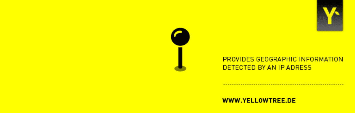 The Geolocation IP Detection plugin header image from WordPress.org. It depicts a yellow banner with a black pin/location marker icon. There's text underneath in black, and a website URL (www.yellowtree.de).