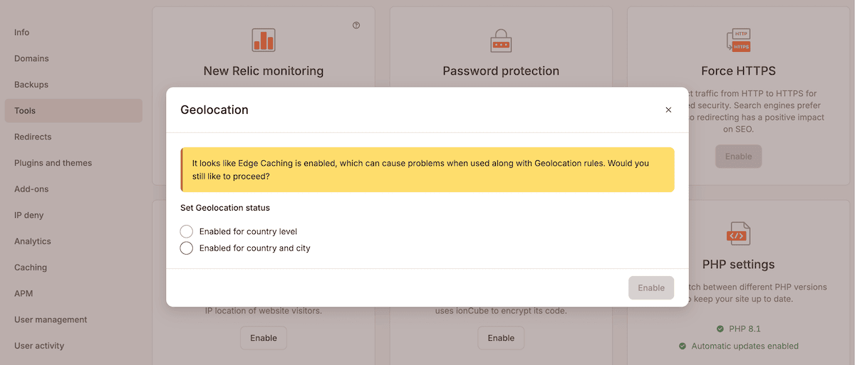 A modal dialog window for Geolocation settings within the MyKinsta control panel. Radio buttons enable geolocation for either country level or country and city level targeting.