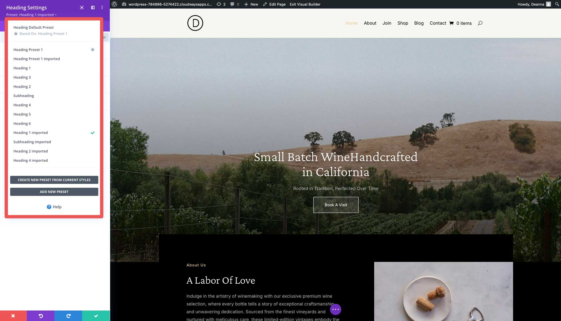 winery starter site for Divi